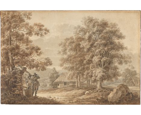 Johann Christian Reinhart (Hof 1761 – 1847 Rom). Landschaft mit zwei Männern an einem Ziehbrunnen. 1782Feder und Pinsel in Br