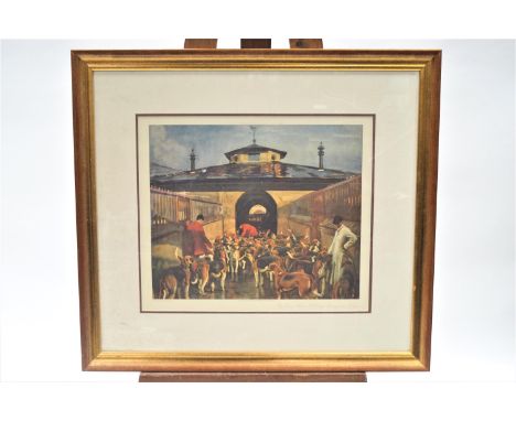 Alfred Munnings Print. "The Belvoir Hunt - a hunting morning in the kennels". 42 x 49 cm
