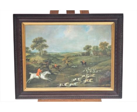 A hunting print, hounds in full cry, 49cm X 67cm