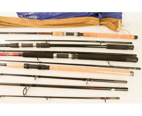 Four freshwater rods: Storm Firetip Ranger 10' (4-piece carbon); Mitchell Challenge Pro Boat 202 (fibre glass); Shakespeare U