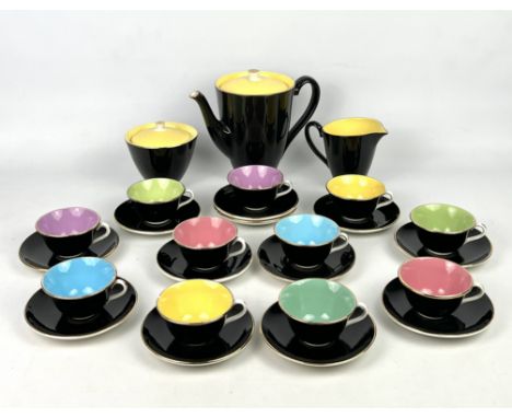 A French mid-century 1930s-40s black and harlequin coloured coffee service by Digoin &amp; Sarreguemines - printed factory ma