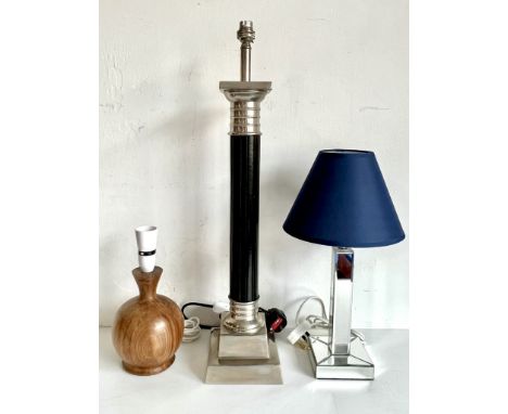 Three table lamps - comprising a cast alloy and wooden fluted column lamp - late 20th century, 66cm high inc. fitting; a mirr