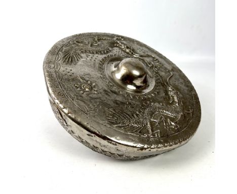 A Chinese silver-plated bronze gong, decorated with long bodied dragons chasing a flaming pearl, 32cm diameter.