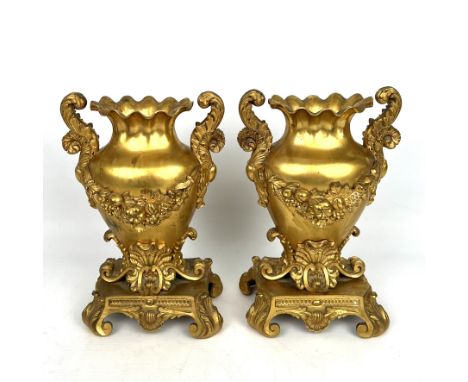 A pair of gilt bronze vases in the early 19th century style - probably first half 20th century, the vases of flattened balust