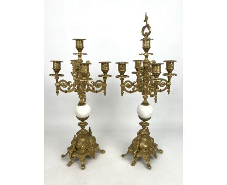 A pair of baroque 19th century style five light brass and marble candelabra - late 20th century, one with snuffer, 44cm high.