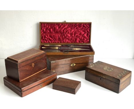 A small collection of antique boxes - comprising a Regency satinwood banded mahogany tea caddy, 23.7cm long (interior convert