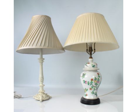 Two table lamps - comprising a Oriental style porcelain vase lamp, painted with gourds and butterflies, plus an antique style