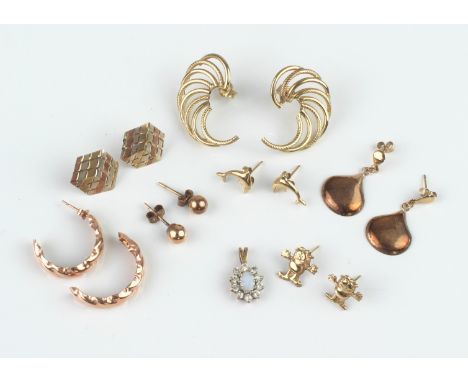 Seven pairs of 9ct gold earrings and a 9ct gold, opal and white stone pendant - the earrings all unmarked, all test as 9ct go