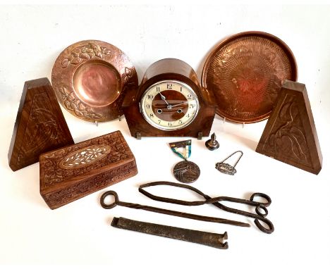 A box of collectables - including an EII silver 'Sherry' wine label; a silver plated candle snuffer; a vintage 1981 Ski Club 