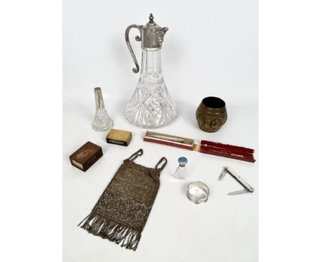 A group of collectables - including a moulded glass claret jug with silver plated mount; a silver mounted cut glass scent bot
