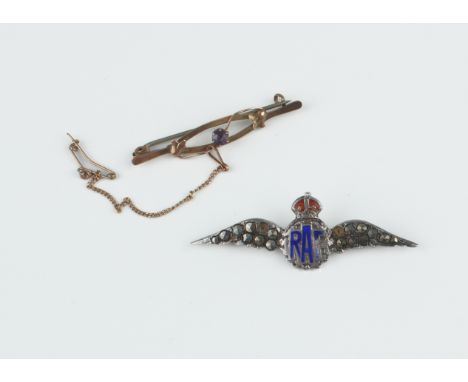 A 1920s 9ct rose gold and amethyst bar brooch - marked '9CT', 4.3cm long; together with a mid-century silver, marcasite and e