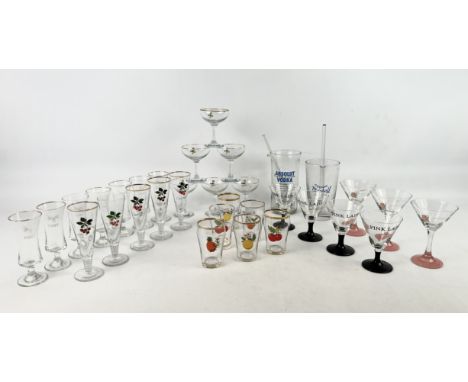 Six sets / part-sets of vintage branded drinking glasses - 1950s-70s, including six Babycham glasses; five Cherry B glasses; 