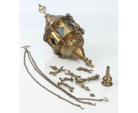 A Turkish brass and stained glass hanging lantern - 30.5cm high, the chains and hangers detached (possibly incomplete)