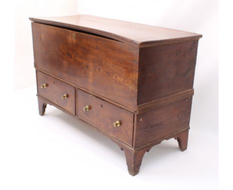 A George III elm two-part mule chest - the moulded, cleated top on iron strap hinges, raised on a two-drawer base with brass 