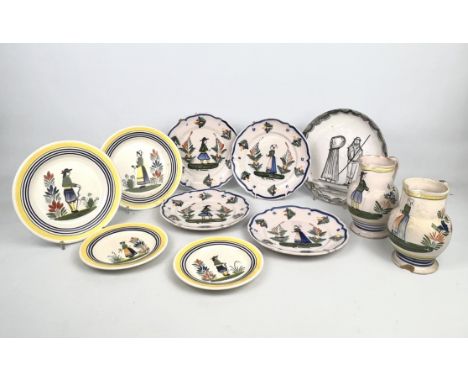 An unusual Portuguese tin glazed earthenware shallow bowl - signed 'C. Leite S. Miguel Fernando', painted with two figures, t