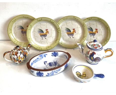 A small group of china decorated with cockerels and hens - including a Quimper teapot; a Cardew Design 'Hen Party' teapot; a 