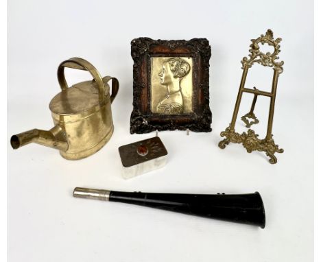 A small group of metalware - comprising a framed antique bronze portrait plaque of a lady, c.1900, the plaque 18.2 x 13.7cm; 