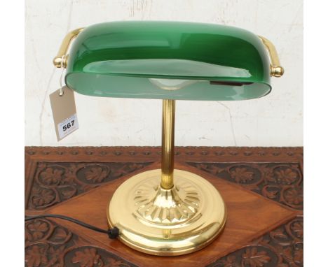 An antique-style brass and glass library or desk lamp - with adjustable green-glass shade and fluted column base, 37 cm high.