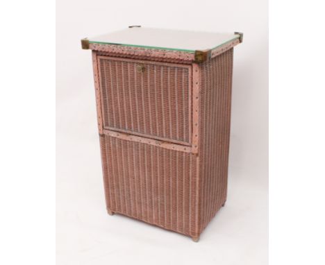 A Lloyd Loom linen basket - rectangular form, drop-down fall front,&nbsp;with original pink and light-blue paint and original
