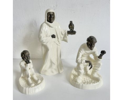 Three Minton white glazed bone china and bronze figures - comprising MS3, The Sheikh, 25cm high; MS1 Traveller's Tales; and M