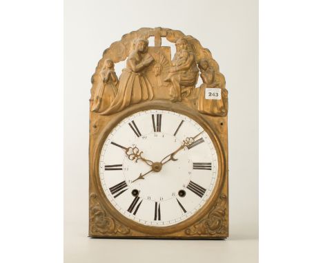 A 19th century century French pressed brass eight-day longcase clock movement - the arched, pressed brass dial with figural c