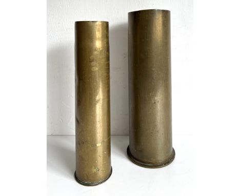 Two brass shell cases, one pre-WW1, the other WW1 period - the larger (of stick stand size), 11cm diameter, 37.75cm high, sta