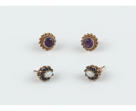 Two pairs of 9ct gold stud earrings - both British hallmarked, one pair with a round cut amethyst within a barleytwist settin