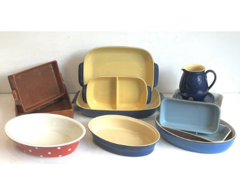 A small collection of Denby stoneware oven to table ware - mostly blue &amp; cream and light blue &amp; treacle glazed, plus 