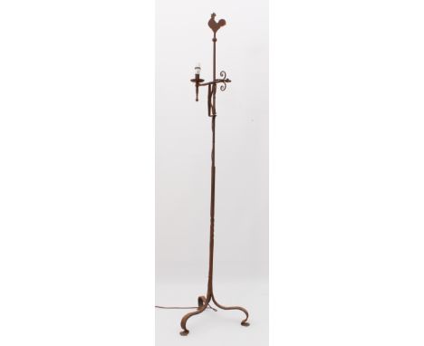 A wrought iron standard lamp - with cockerel finial and tripod base, 175 cm high, converted from a candle stand.