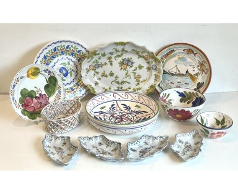 A collection of decorative Continental glazed earthenware pottery - including a set of four Portuguese Carvalhinho tin glazed