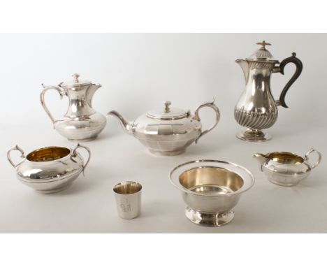 A silver-plated four-piece tea and coffee service - 1920s-30s, in the Art Deco style, the bun-shaped bodies with panelled dec