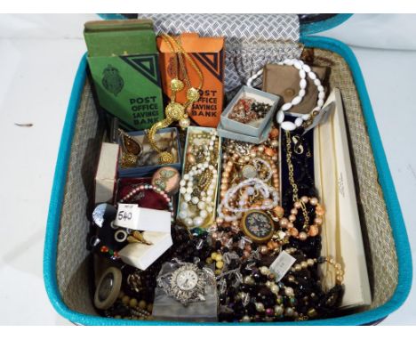 Vintage Costume Jewellery - a vintage vanity case containing a large collection of vintage costume jewellery, two Post Office