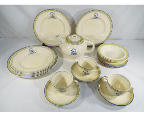 Woods Ivory Ware - twenty pieces of vintage ceramic Wood Ivory Ware decorated on a cream ground with yellow and blue banding 