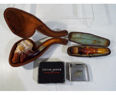 A Meerschaum pipe, carved in the form of bearded gentleman, silver mount Birmingham assay 1903, in original fitted leather ca