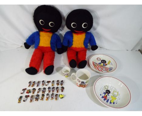 A lot to include two vintage Golly soft toys by Diane Jones, 2 x Golly four piece breakfast set and 26 enamelled Robertsons b