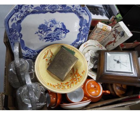 A good mixed lot to include Victorian meat plates, a Smiths Barometer, Archana hand crafted brass card holder, ceramic tea se