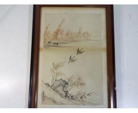 Wang Ziyuan, Chinese Art - a pair of ducks flying above pine trees and prunus, signed Wang Ziyuan image size  34 cm x 32.5 cm