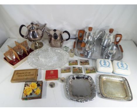 A mixed lot of collectables to include ceramics, glassware, Mappin &amp; Webb plated teapot and coffee pot, Sona tea and coff