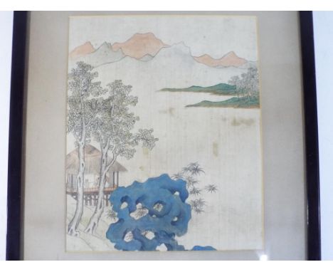 Chinese Art - a lakeside view depicting scholars in leisurely pursuits in a hut beside a taihu rock, 24.5cm x 20.5cm - Proven