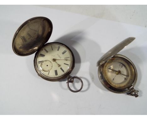 A silver case full hunter, Chester assay 1867, Roman numerals on a white dial scribed Wm Allen, Liverpool and a white metal p