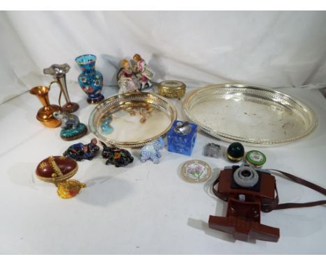 A mixed lot of collectables to include a ceramic figurine, hand-painted glass vase, a white metal trumpet vase, vintage light