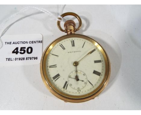A gentleman's gold plated pocket watch, 42 mm white enamel dial with Roman numerals and subsidiary seconds dial, signed White