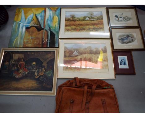 A lot to include seven pictures of varying themes to include oils, prints, (predominantly framed)  also included is a vintage