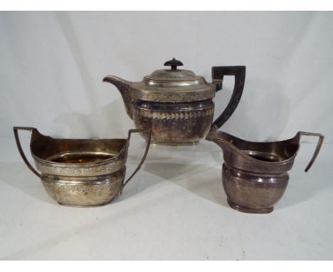 George III silver hallmarked tea set comprising teapot, sucrier and cream jug London assay 1808, makers mark for Rebeca &amp;