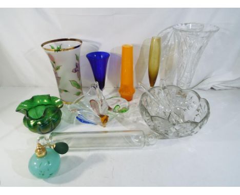  A collection of glassware to include vases, bowls, Caithness glass perfume atomiser, glass rolling pin and similar.