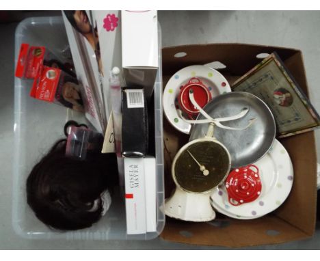 Two boxes containing a mixed lot to include ceramic tableware, a cast iron Salter domestic balance model no. 51, a wedding bl