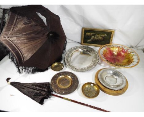 Two vintage parasols, a small quantity of plated ware and metalware, a framed oil on board depicting sheep and similar