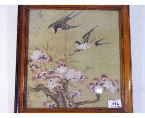 Lu Ji, Chinese Art - Magpies hovering above a blossoming prunus branch, signed Lu Ji, with sealmark, image size 25.5 cm x 25 