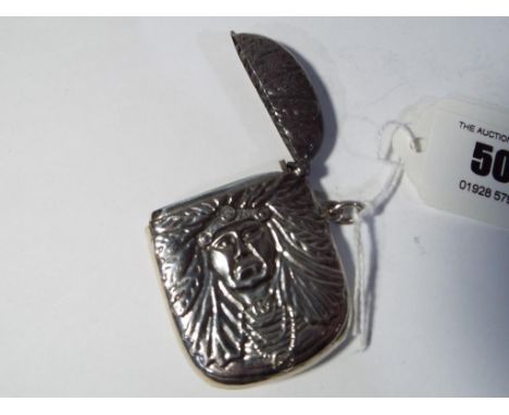 A sterling silver vesta stamped .925 with embossed decoration depicting the head of a native American, 5.3 cm (h)