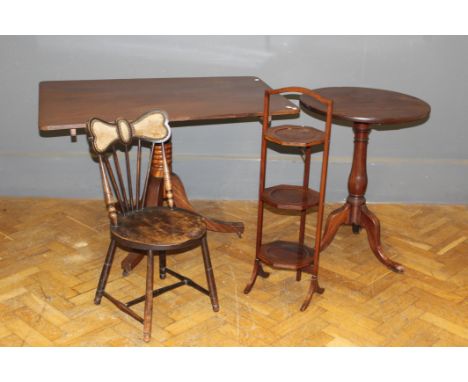 A late George III snap top breakfast table, 70 x 72 x 105cm, together with a butterfly rail stick back chair, a boxwood strun